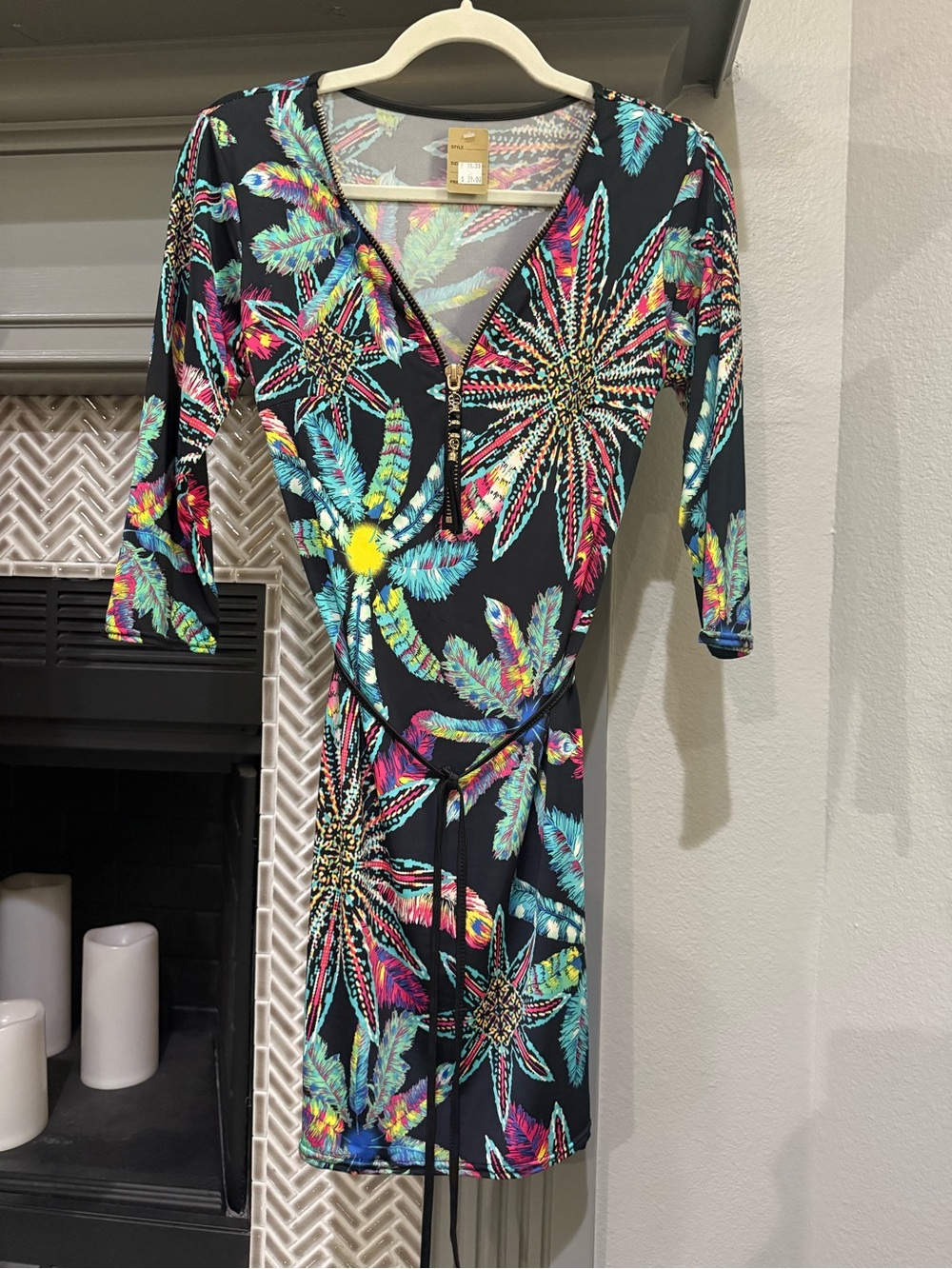 Black Tropical Print Mini Dress with Tie Waist